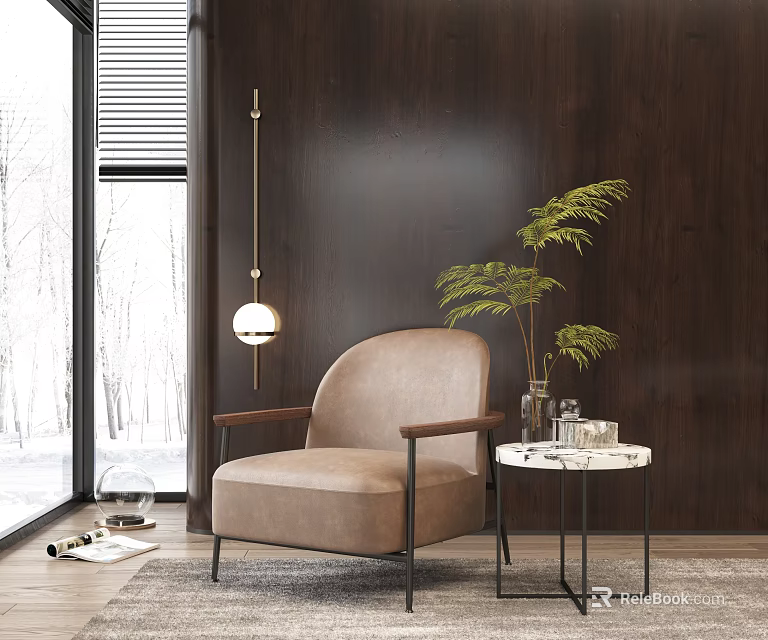 Beige Leather Armchair with Wooden Wall Window Snowy View Side Table Plant and Decor 3d model 