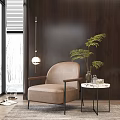 Beige Leather Armchair with Wooden Wall Window Snowy View Side Table Plant and Decor
