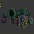 Vintage Cannon Weapon With Wooden Carriage Wheels And Iron Cannonballs