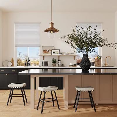 Modern Kitchen Interior With Black Cabinets Beige Walls Brass Pendant Light Island Counter And Stools 3d model
