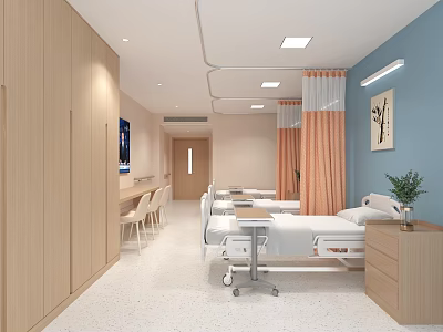 Modern Hospital Room Interior With Wooden Cabinets Blue Walls Curtains And Medical Bed 3d model