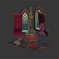Cartoon Scene with Fairy Tale Castle Windows Red Scrolls Golden Lanterns and Decorative Vases