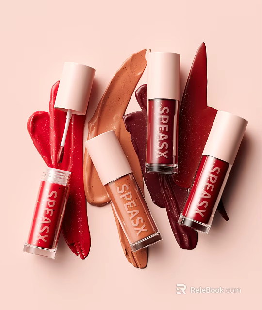 SPEASK Lip Gloss Cosmetic Products With Red Brown Shades On Pastel Pink Background 3d model 