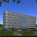 Modern Multi Storey Office Building Exterior With Glass Curtain Wall Landscaped Gardens And Parking Area