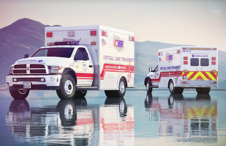 Two Dodge RAM Critical Care Transport Ambulances Parked On Water Surface With Mountain Reflection 3d model 