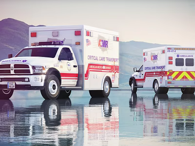 Two Dodge RAM Critical Care Transport Ambulances Parked On Water Surface With Mountain Reflection 3d model