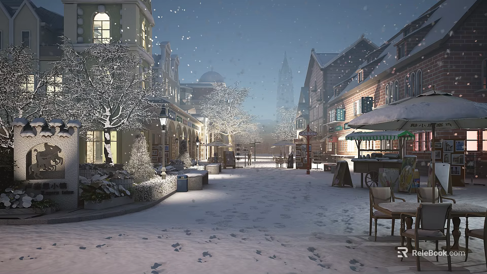 Winter Evening Town Street Scenery With Snow Covered Buildings Trees Street Lamps And Footprints 3d model 