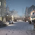 Winter Evening Town Street Scenery With Snow Covered Buildings Trees Street Lamps And Footprints