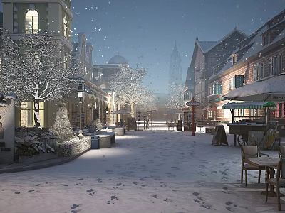 Winter Evening Town Street Scenery With Snow Covered Buildings Trees Street Lamps And Footprints 3d model