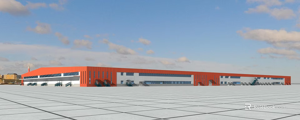 Modern Industrial Factory Building With Red Exterior Large Structure And Spacious Square Under Blue Sky 3d model 