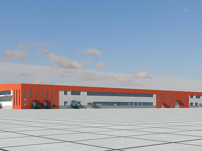 Modern Industrial Factory Building With Red Exterior Large Structure And Spacious Square Under Blue Sky 3d model