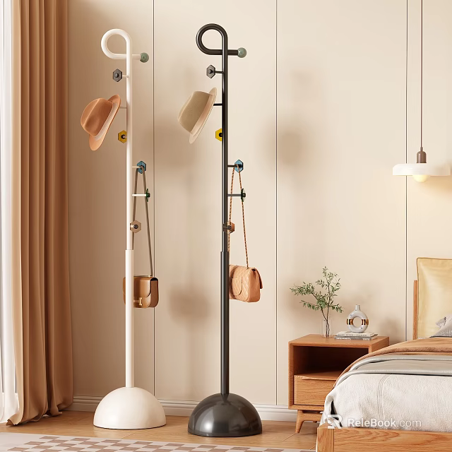 Modern Coat Rack in Bedroom with Hats Small Bags Green Plant and Hanging Lamp 3d model 