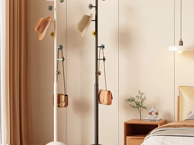 Modern Coat Rack in Bedroom with Hats Small Bags Green Plant and Hanging Lamp 3d model