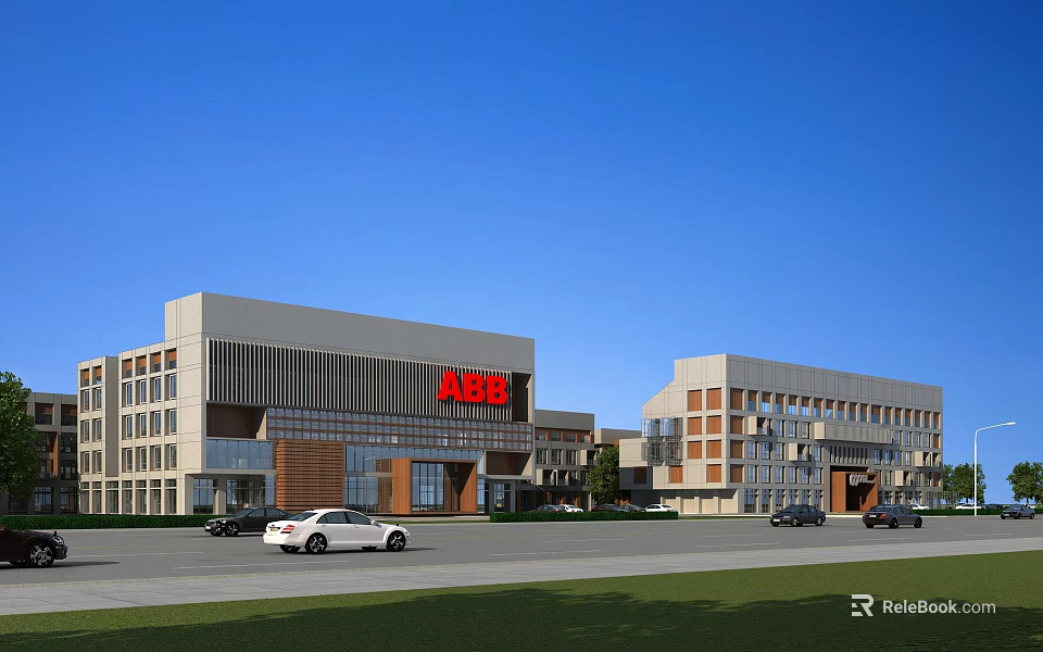 Modern Office Building Exterior With Red Signage And Parked Cars On Road 3d model 