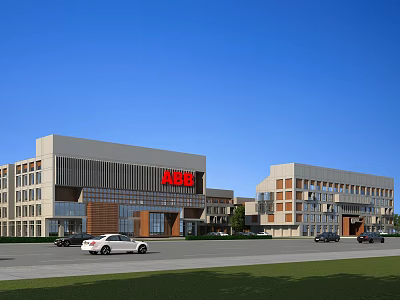 Modern Office Building Exterior With Red Signage And Parked Cars On Road 3d model