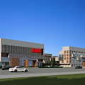 Modern Office Building Exterior With Red Signage And Parked Cars On Road