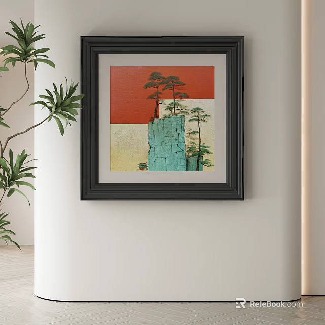 Abstract Painting in Black Frame Featuring Red Background Blue Square and Pine Trees 3d model