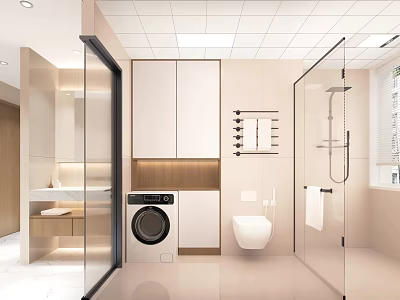 Modern Bathroom Interior With Glass Shower Toilet Washing Machine And Storage Cabinets 3d model