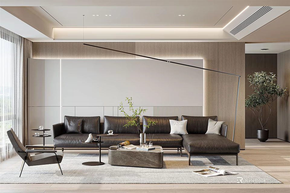 Elegant Modern Living Room Interior With Black L shaped Sofa And Marble Coffee Table 3d model 