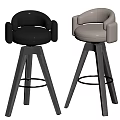 Modern Black and Beige Leather Bar Stools with Armrests Wooden Base and Metal Footrest
