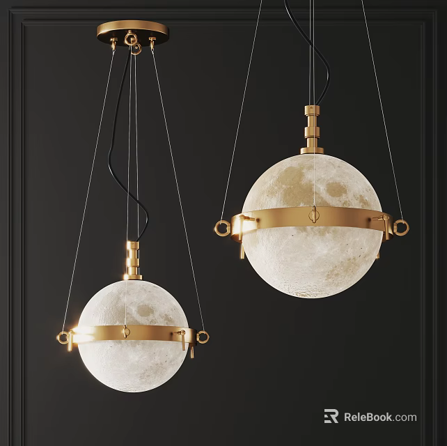 Modern Moon Surface Pendant Lights With Gold Metal Rings On Black Background 3d model 