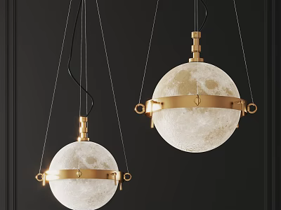 Modern Moon Surface Pendant Lights With Gold Metal Rings On Black Background 3d model