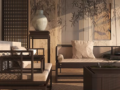 Chinese Style Living Room Interior With Bamboo Patterned Wallpaper Lattice Screen And Ceramic Vase 3d model