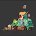 Playful Little Lion In Red White Circus Tent With Colorful Balloons Green Trees And Joyful Scene