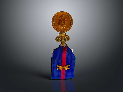 Intricate Golden Relief Sculpture With Circular Design Blue Red Stripes And Decorations 3d model