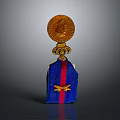 Intricate Golden Relief Sculpture With Circular Design Blue Red Stripes And Decorations