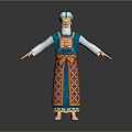 Man Wearing Traditional Blue And Orange Patterned Costume With Headscarf And Arms Outstretched