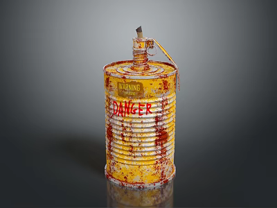 Rusty Yellow Metal Weapon With Warning Danger Sign And Top Fuse 3d model