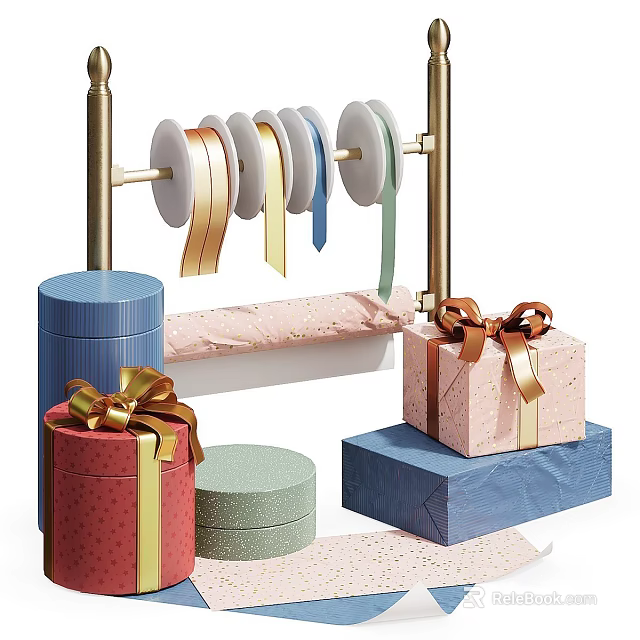 Colorful Gift Boxes With Gold Bows And Hanging Decorative Ribbons Arranged Neatly 3d model 