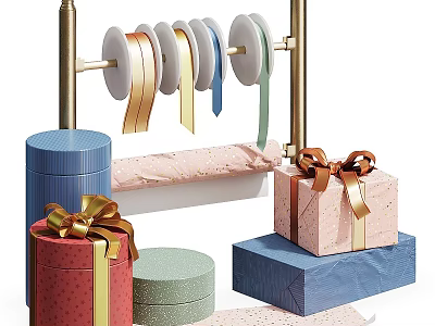 Colorful Gift Boxes With Gold Bows And Hanging Decorative Ribbons Arranged Neatly 3d model