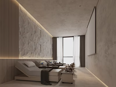 Modern SPA Sauna Interior Design With Stone Wall Loungers Warm Lighting And Large Windows 3d model