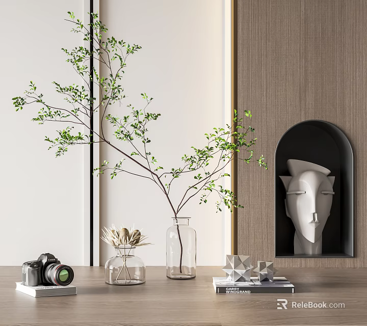 Modern Decorative Ornament Combination With Green Branches Glass Vases Vintage Camera Geometric Figurine And Sculpture 3d model 