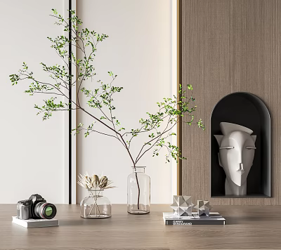 Modern Decorative Ornament Combination With Green Branches Glass Vases Vintage Camera Geometric Figurine And Sculpture 3d model