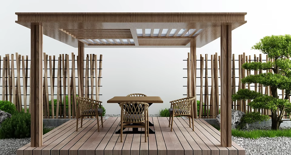 Wooden Outdoor Pergola With Table Chairs Lattice Fence And Greenery On Deck 3d model 