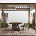 Wooden Outdoor Pergola With Table Chairs Lattice Fence And Greenery On Deck