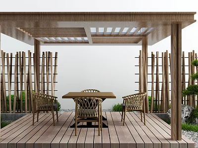Wooden Outdoor Pergola With Table Chairs Lattice Fence And Greenery On Deck 3d model