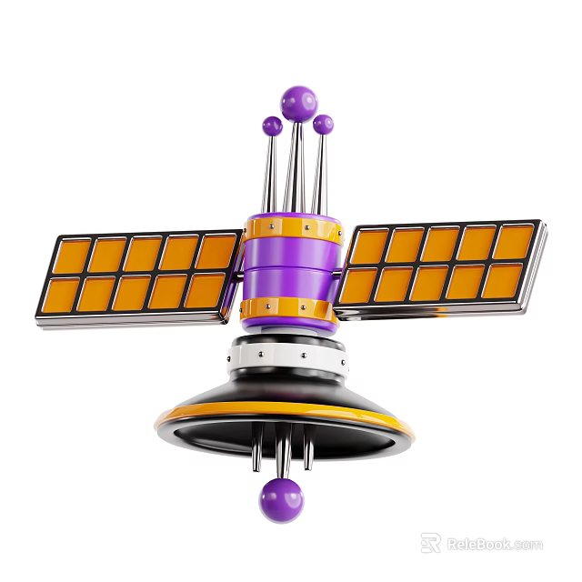 Colorful Space Satellite With Yellow Solar Panels And Purple Antenna Structure 3d model 