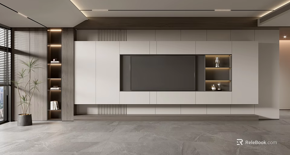 Modern TV Wall Design With Wooden Panels White Cabinets LED Lighting Black TV And Display Shelves 3d model 