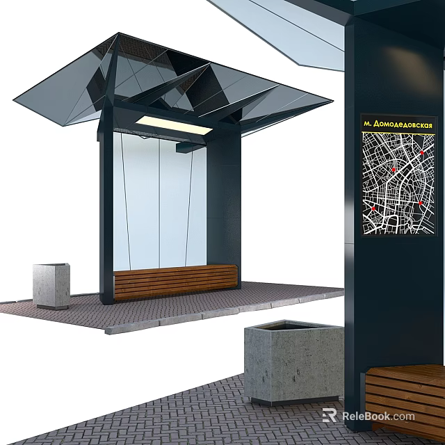 Paved Ground at Bus Stop with Glass Roof Wooden Bench Trash Can and Map Sign 3d model 