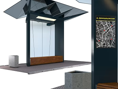 Paved Ground at Bus Stop with Glass Roof Wooden Bench Trash Can and Map Sign 3d model