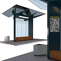 Paved Ground at Bus Stop with Glass Roof Wooden Bench Trash Can and Map Sign