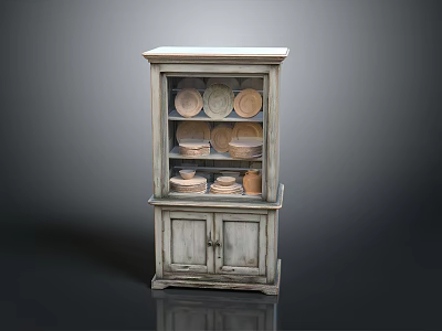 White Display Cabinet With Glass Door And Plates Bowls Storage 3d model