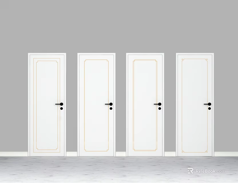 Four White Swing Doors With Black Handles In Modern Interior Setting 3d model