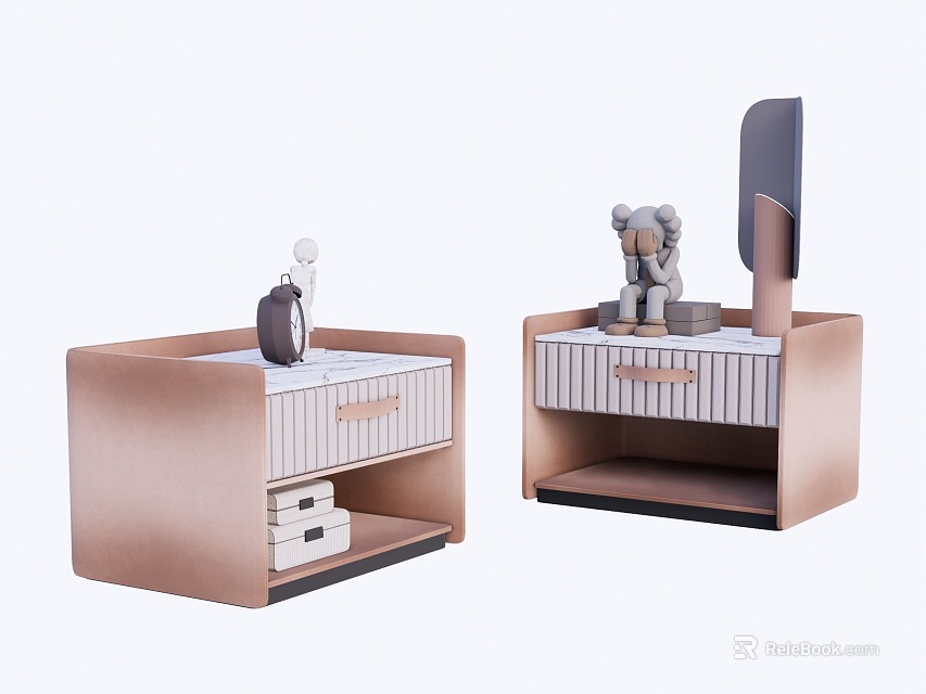 Elegant Modern Bedside Table With Drawers Open Shelf And Small Decor Items 3d model 