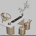 Modern Tea Table With White Marble Top Black Tea Tray Rattan Chairs And Green Plant
