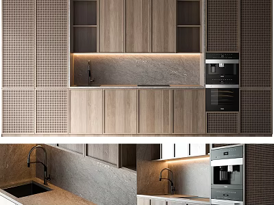 Modern Kitchen Interior With Wooden Cabinets Marble Countertop Built in Appliances And Under Cabinet Lighting 3d model